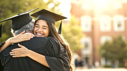 graduate student hugging her father following the graduation ceremony, capturing the pride and emotional moment of achievement. Perfect for visuals celebrating academic milestones,