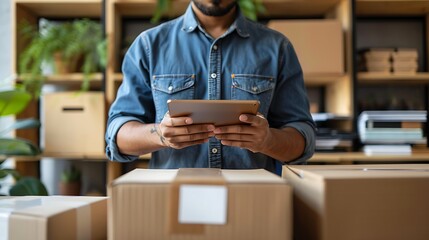 Close up of male entrepreneur holding digital tablet while standing in office