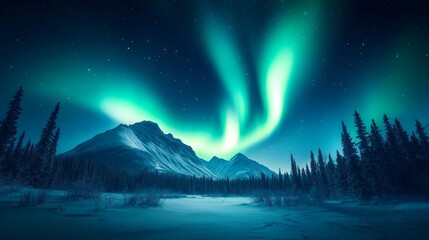 A vibrant green aurora borealis dances above a snow-covered mountain range and a frozen lake, with a starry sky and a dark forest in the foreground.