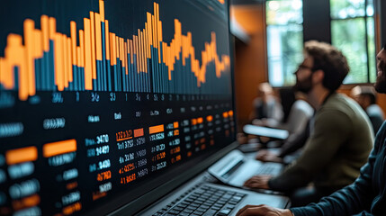 People focus on market trends displayed on a large screen in a vibrant office environment, collaborating during a productive work session