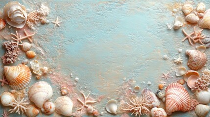 Obraz premium Seashells and Starfish Arranged Around a Blue Background
