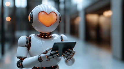 A humanoid robot held a tablet, displaying a heart symbol on its face while surrounded by a contemporary indoor environment