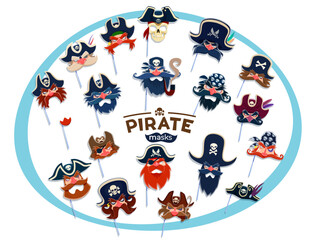 Pirate carnival and photo booth masks of corsair sailor in tricorne hats, vector props. Pirate masquerade or photobooth masks of captain with eyepatch and sailor in bandana with Jolly Roger skull