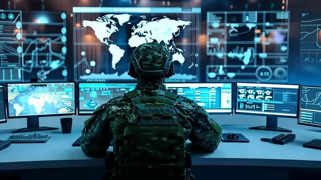 digital simulations of cyber defense mechanisms, highlighting the importance of cybersecurity in modern military operations in high tech style