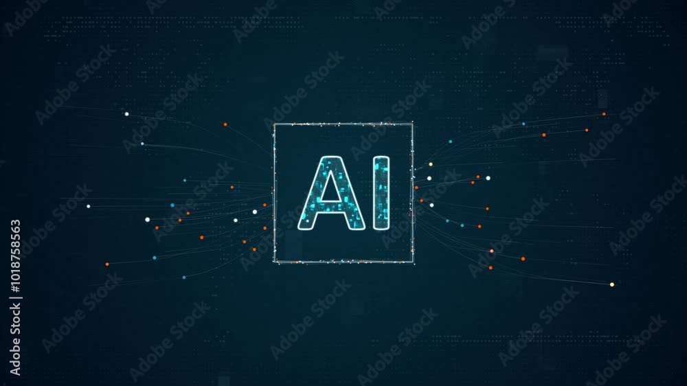 Poster motion graphic of blue digital ai assistant logo with particles dot spread on abstract background wi
