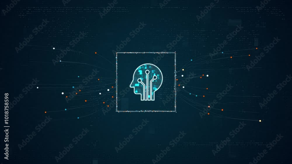 Poster motion graphic of blue digital robot head ai assistant logo with particles dot spread on abstract ba