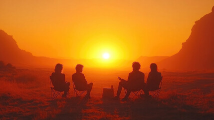 Obraz premium Four friends sit in chairs around a campfire, enjoying the vibrant sunset over a mountainous landscape during a warm summer evening