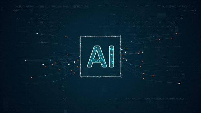 Motion graphic of Blue digital AI assistant logo with particles dot spread on abstract background with Ai chatbot and robot machine learning technology concept