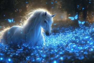 Naklejka premium majestic unicorn in enchanted forest bioluminescent flowers ethereal butterflies magical mist moonlit backdrop fairytale atmosphere