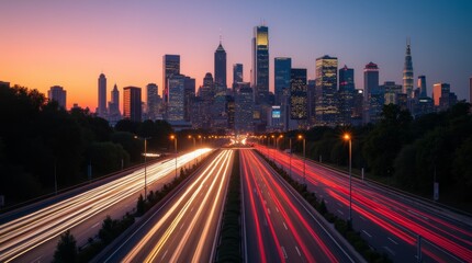 Fototapeta premium Twilight cityscape with illuminated highways and skyscrapers in during sunset