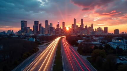 Fototapeta premium Twilight cityscape with illuminated highways and skyscrapers in during sunset