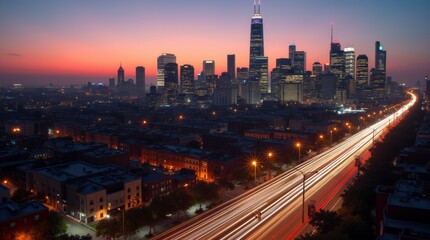 Obraz premium Twilight cityscape with illuminated highways and skyscrapers in during sunset