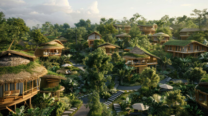 A picturesque eco-village surrounded by nature, where residents live sustainably through eco-friendly construction and renewable energy