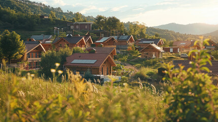 A picturesque eco-village surrounded by nature, where residents live sustainably through eco-friendly construction and renewable energy