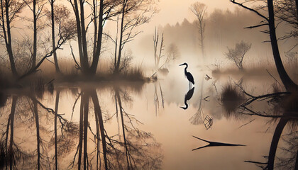 Misty wetland scene with a heron silhouetted in calm waters.