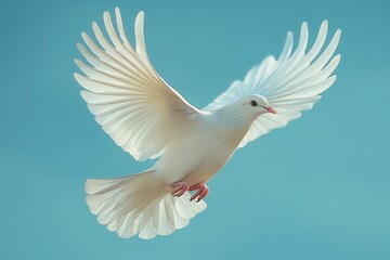 Obraz premium majestic white dove in midflight against a clear blue sky wings fully extended capturing the grace and beauty of the birds movement soft feather details and serene expression