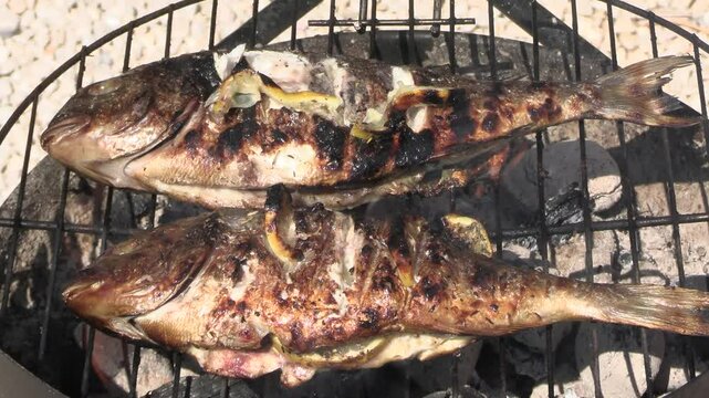 cuisson de deux poissons, dorades au barbecue	