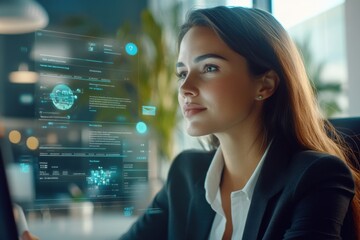 A businesswoman in a smart office outfit, attentively engaging in a customer service live chat, with a digital dashboard showing multiple chat conversations and feedback from clients