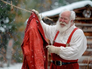 Santa Claus, dressed casually in red suspenders over a white shirt, hanging up his iconic red suit on a clothesline outdoors