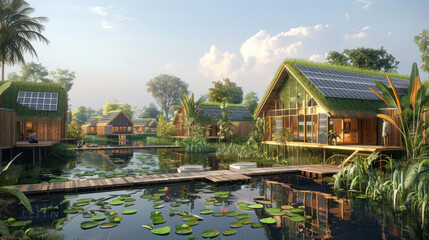 Obraz premium A renewable energy project transforming a rural village with solar energy systems, water conservation technologies, and eco-friendly homes. Clean, innovative design.