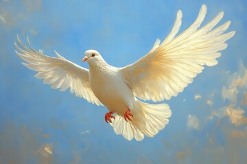 Obraz premium majestic white dove in midflight against a clear blue sky wings fully extended capturing the grace and beauty of the birds movement soft feather details and serene expression