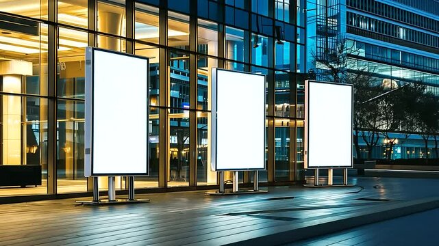 3 blank white posters empty white billboards mockup, standing in front of an office building at night, with a city background at night time