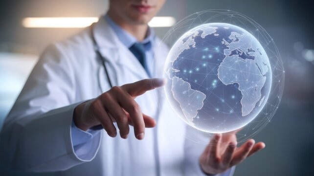 A professional in a lab coat interacting with a holographic globe, symbolizing global health and innovative technology in medicine and research.