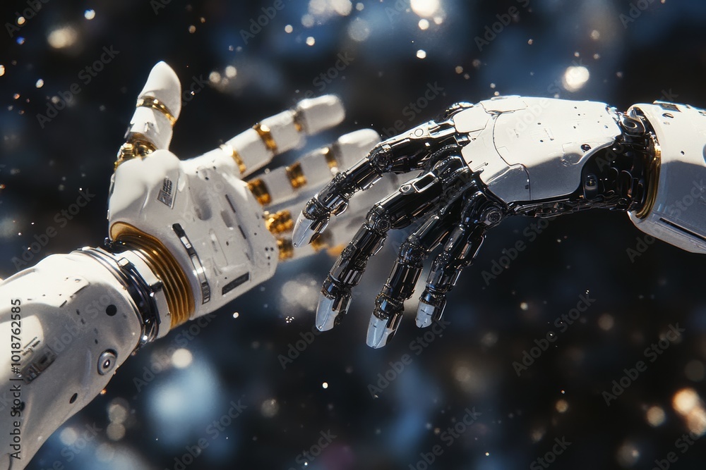 Leinwandbilder a human and robot hand working together in space, portraying a sense of unity and efficiency Use CG 3D to highlight the intricate details of both hands and the space environment.
