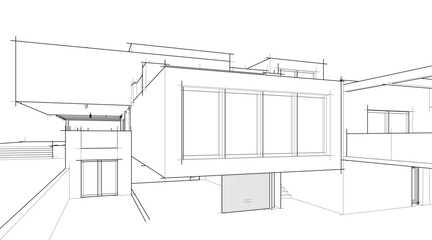 Architectural sketch drawing of modern house 3d illustration 3d rendering