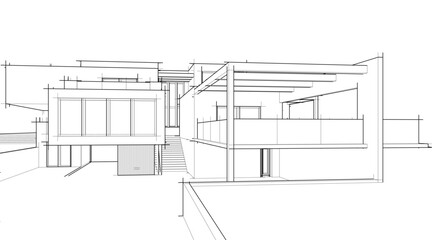 Architectural sketch drawing of modern house 3d illustration 3d rendering