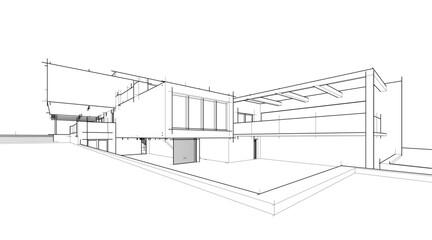 Architectural sketch drawing of modern house 3d illustration 3d rendering