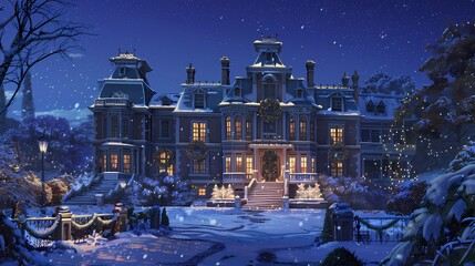 Grand Victorian Mansion on a Snowy Christmas Night