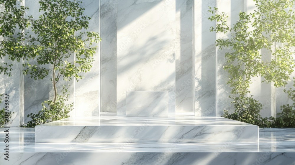 Poster A white marble platform with greenery in the background, ideal for use in presentations or as a decorative element