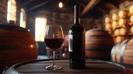 A bottle of wine and a glass placed on a wooden barrel, ideal for rustic or vintage-themed settings
