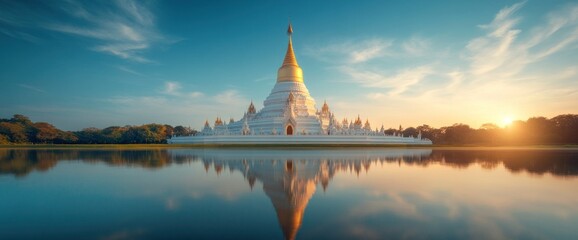 Breathtaking Reflection of a Golden Pagoda at Sunrise Over Serene Waters