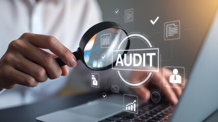 A person examining data on a laptop with a magnifying glass, focusing on an audit process and digital analysis, conceptualizing scrutiny and financial review.