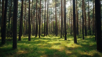 Obraz premium Sunlight shines through tall pine trees in a lush green forest, creating a natural and peaceful atmosphere.