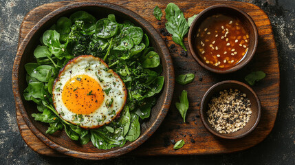 A vibrant salad featuring fresh spinach, a perfectly cooked sunny-side-up egg, and flavorful dipping sauces presented on a wooden board