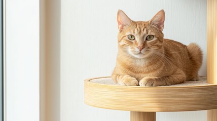 Ginger cat lounging comfortably on a wooden perch near a window. Bamboo eco-friendly furniture concept