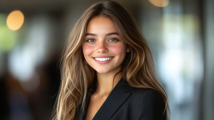 Fototapeta premium A young woman with wavy hair and a cheerful smile poses in a stylish black blazer, surrounded by a bright and inviting atmosphere