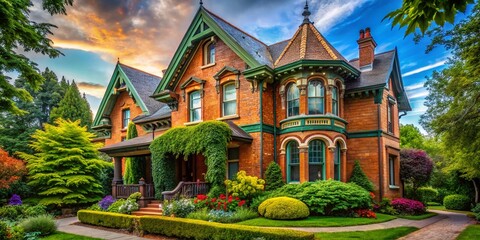 Fototapeta premium Elegant Victorian Brick House with Ornate Architecture, Lush Greenery, and Charming Window Details