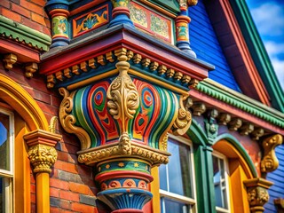 Fototapeta premium Elegant Victorian House Corbel Finial with Intricate Paint Detailing on a Historic Architectural Structure