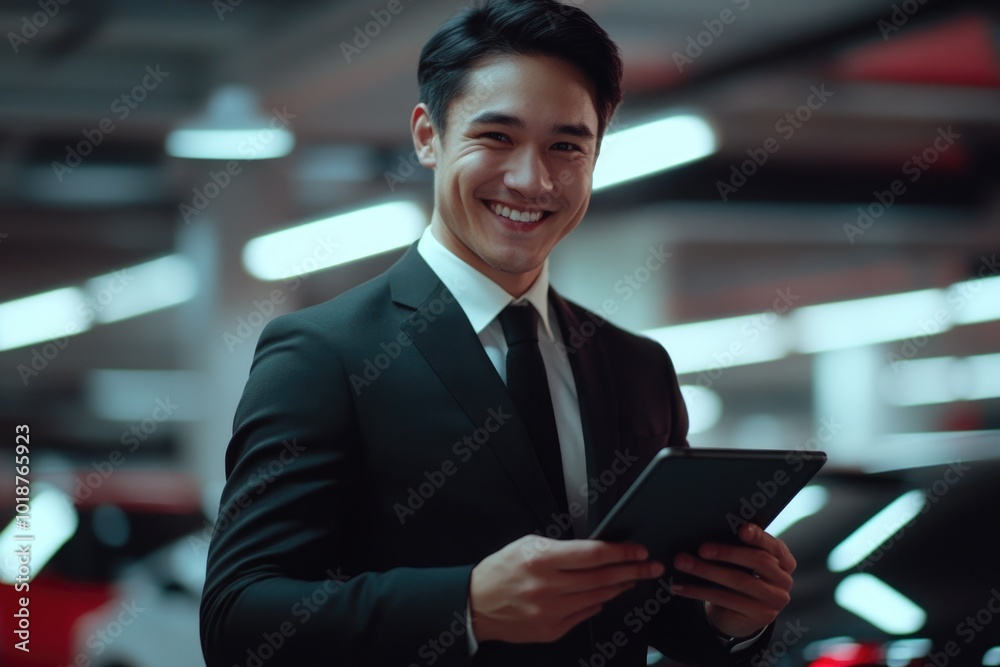 Poster a man in a suit holding a tablet computer