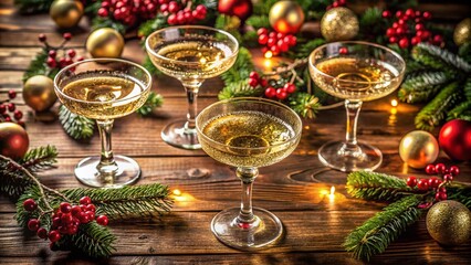 Elegant vintage coupe champagne glasses arranged on a rustic wooden table for a festive celebration