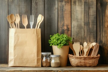 Wooden table with various wooden kitchen utensils and wooden spoons arranged neatly