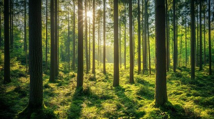 Fototapeta premium Sunlight streams through tall trees in a lush green forest, illuminating the mossy ground.