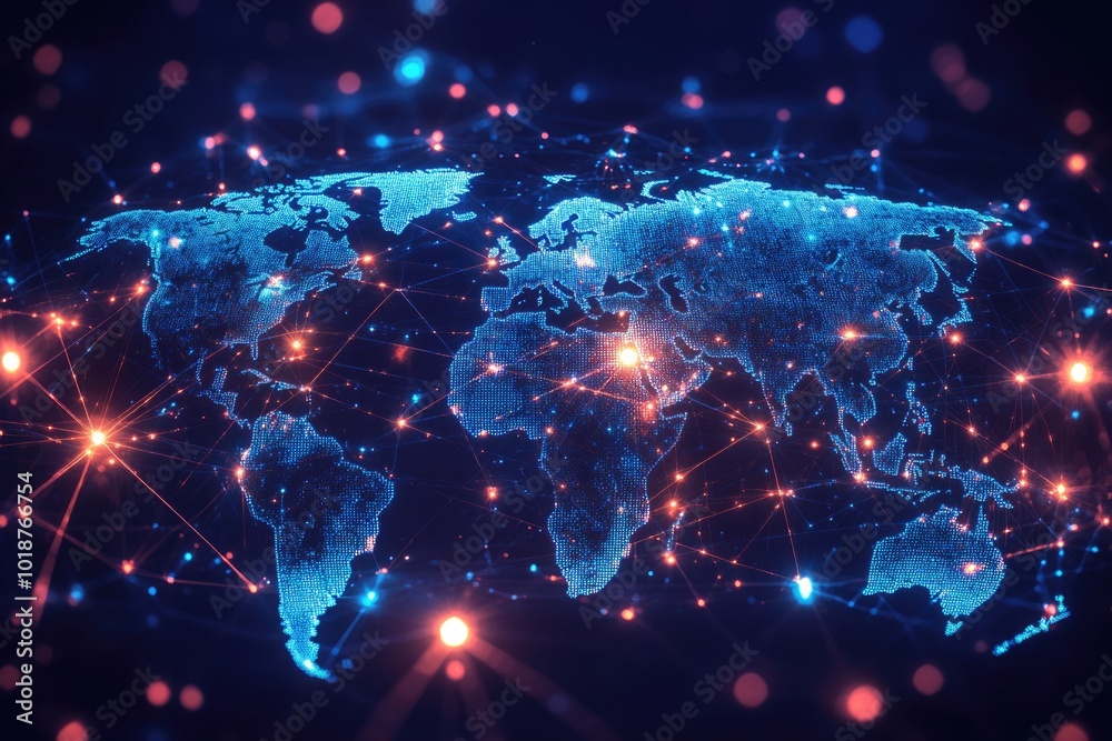 Poster A map of the world surrounded by glowing dots, ideal for use in presentations or illustrations about global connections and networks