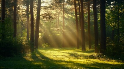 Fototapeta premium Sunlight streams through the trees in a dense forest, illuminating the lush green grass.