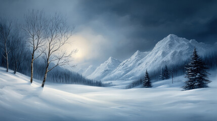 serene snowy mountain landscape under dramatic sky, featuring tall peaks and soft glow from moon. scene evokes sense of tranquility and wonder