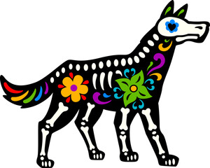 Dead Halloween skeleton, Mexican day of the dead dog animal tattoo. Vector Dia de los muertos sugar skull puppy shape with vibrant floral motifs and bones symbolizing remembrance of deceased pets
